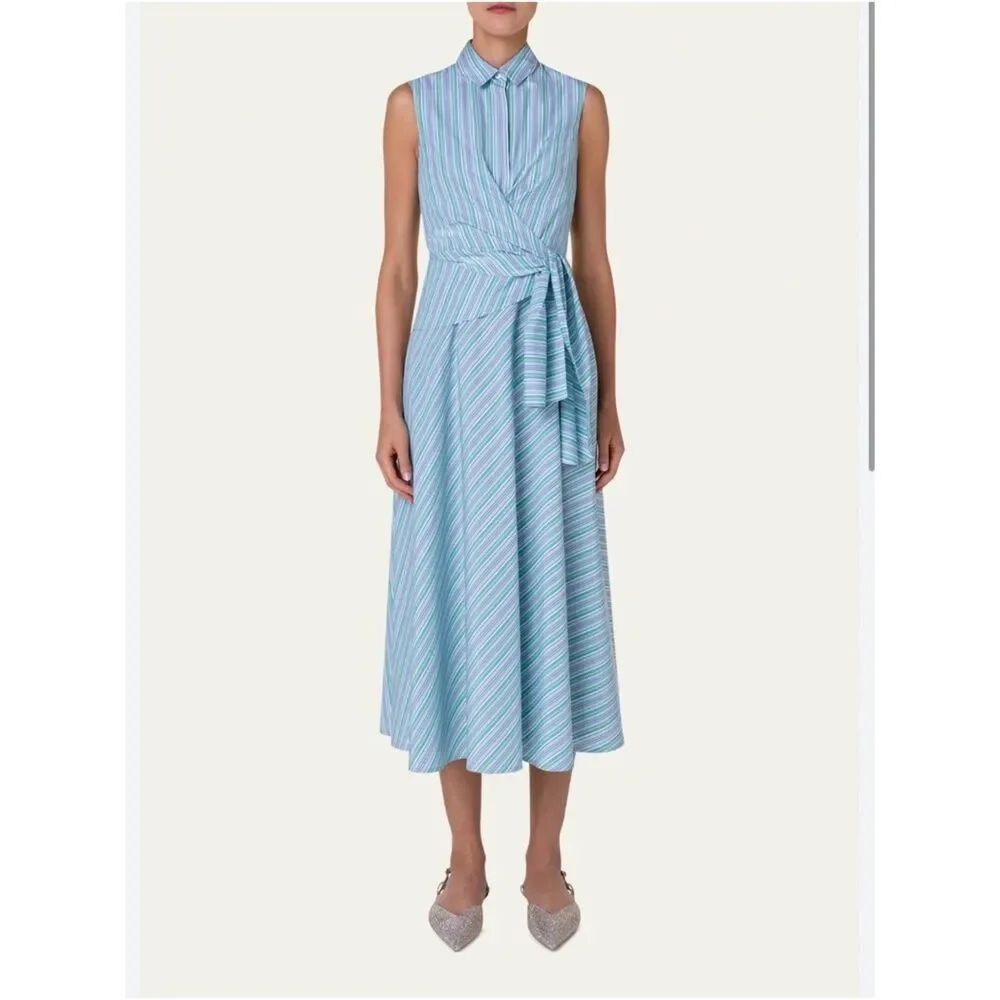 AKRIS PUNTO Striped Poplin Wrap Midi Dress in Blue-Green Stripe Size Women’s 8